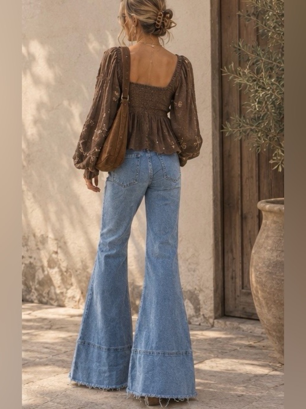 Free People Flare Light Wash Jeans with Double Seam Raw Hems